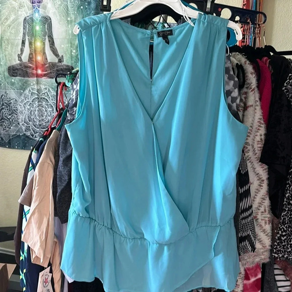 Jessica Simpson Teal Peplum Blouse Wrap style with snap and button at neck - Picture 1 of 4